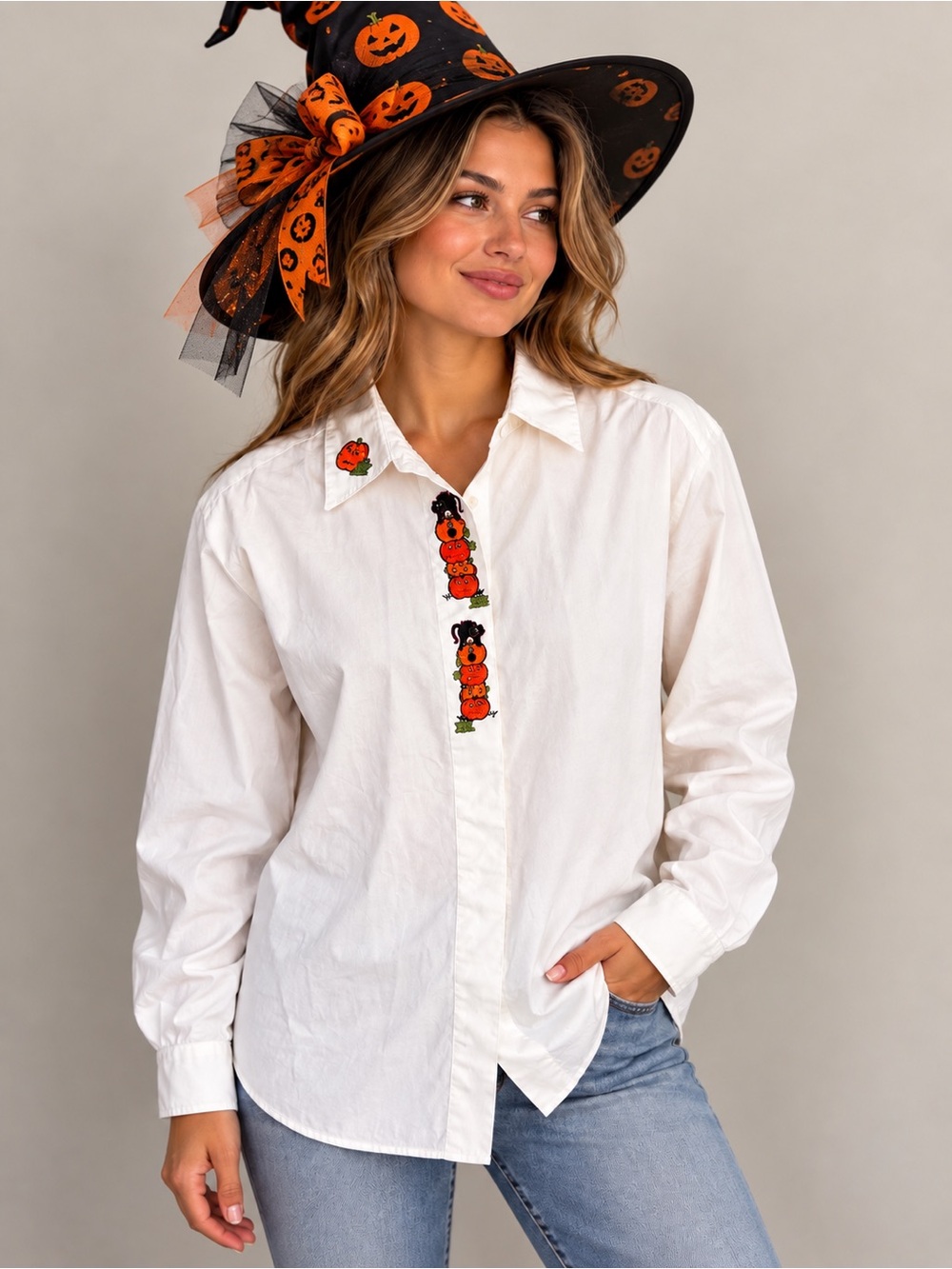 Vintage Karen Scott White Button-Down Shirt with Orange Pumpkin Embroidery